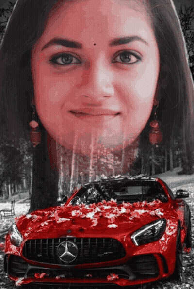 A Red Mercedes Is Surrounded By Leaves And A Woman 'S Face GIF