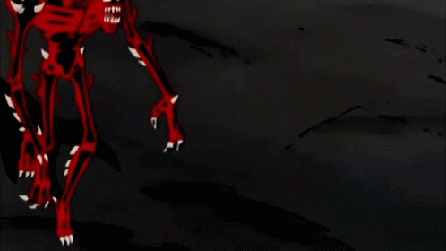A Red Monster And A Blue Monster Are Standing Next To Each Other On A Dark Background GIF