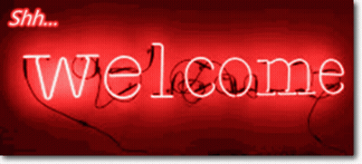 A Red Neon Sign That Says Welcome With Shh Written Above It GIF