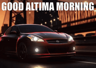 A Red Nissan Altima Is Driving Down A Street GIF