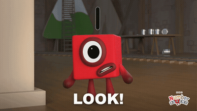 A Red Number Blocks Character Is Standing In A Room And Says Look GIF