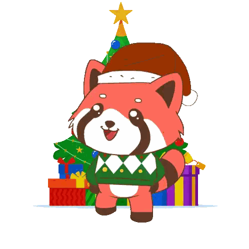 A Red Panda Wearing A Santa Hat Stands In Front Of A Christmas Tree And Presents Sticker
