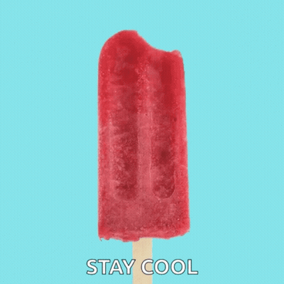 A Red Popsicle With A Bite Taken Out Of It Is On A Blue Background With The Words Stay Cool Below It GIF
