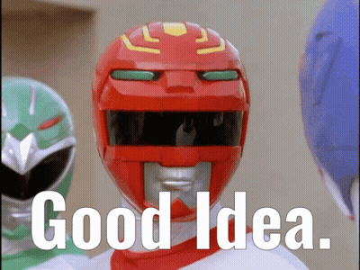 A Red Power Ranger Says Good Idea In Front Of A Group Of Other Rangers GIF