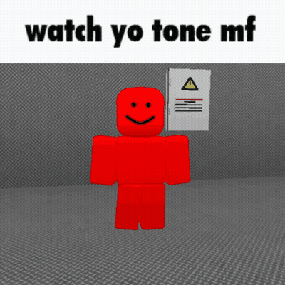 A Red Roblox Character With A Smiley Face Is Standing In Front Of A Sign That Says " Watch Yo Tone Mf " GIF