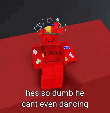 A Red Roblox Character With The Words Hes So Dumb He Cant Even Dancing Below Him GIF
