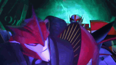 A Red Robot Is Sitting In A Dark Room With A Purple Background GIF