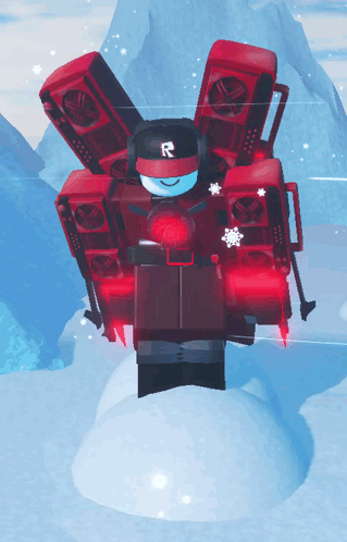 A Red Robot With A R On His Hat Is Standing In The Snow GIF