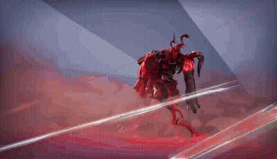 A Red Robot With Horns And A Gun Is Flying Through The Air In A Video Game . GIF