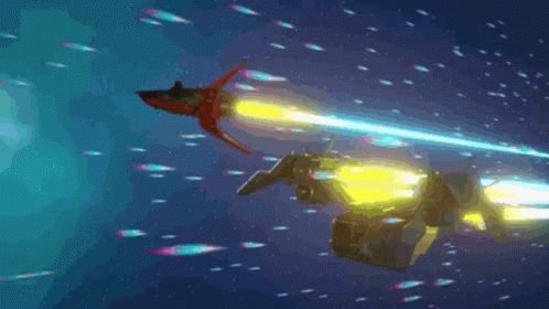 A Red Rocket Is Flying Through The Air While A Yellow Rocket Is Flying Behind It GIF