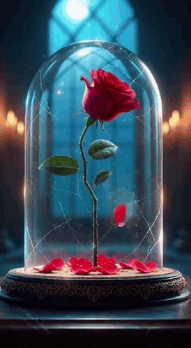 A Red Rose In A Glass Dome With Petals On The Table GIF