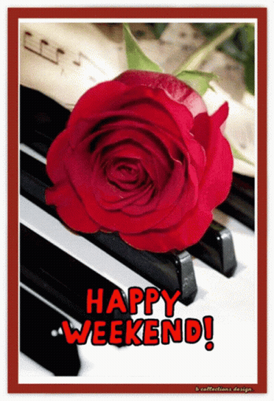 A Red Rose Sits On Top Of A Piano Keyboard With The Words Happy Weekend Written Below It GIF