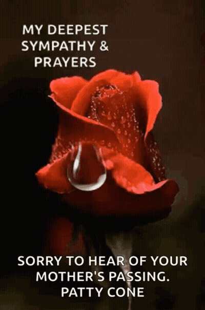 A Red Rose With A Tear Coming Out Of It And The Words " My Deepest Sympathy & Prayers " GIF