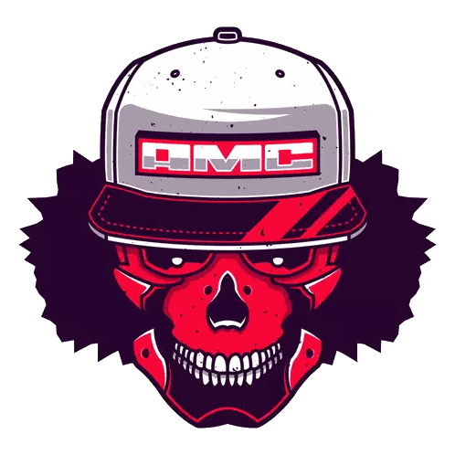A Red Skull Wearing A Hat That Says Amc Sticker