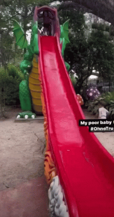 A Red Slide With A Dragon On It And The Words " My Poor Baby " On The Bottom GIF