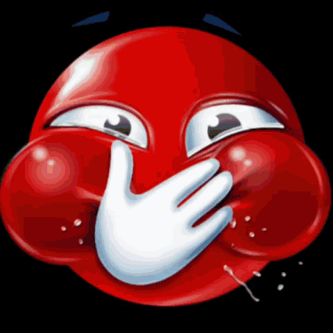 A Red Smiley Face Covering Its Mouth With A White Hand GIF