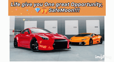 A Red Sports Car And An Orange Sports Car Are In A Parking Lot With A Sign That Says Life Give You One Great Opportunity GIF
