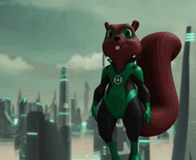 A Red Squirrel In A Green Lantern Costume Is Standing In Front Of A Futuristic City GIF