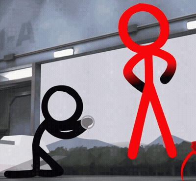 A Red Stick Figure Is Standing Next To A Black Stick Figure In Front Of A Sign That Says 1 - A GIF