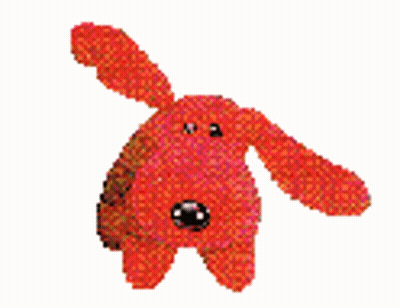 A Red Stuffed Animal With A Black Nose Is Standing On A White Background . GIF