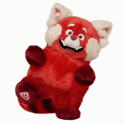 A Red Stuffed Animal With A Build A Bear Logo On Its Paw GIF