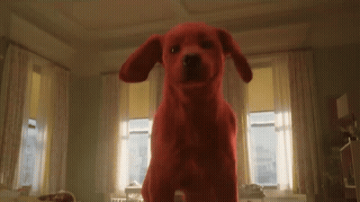 A Red Stuffed Dog Is Standing In A Living Room . GIF