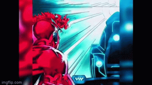 A Red Superhero Is Standing Next To A Blue Car In A Cartoon . GIF