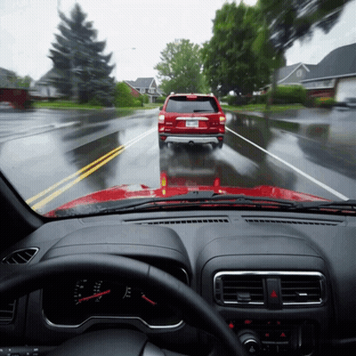 A Red Suv With A License Plate That Says ' A ' On It Is Driving Down A Wet Road GIF