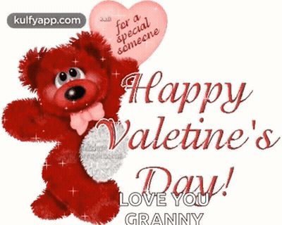 A Red Teddy Bear Is Holding A Pink Heart And Says Happy Valentine 'S Day GIF