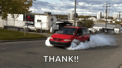 A Red Van Is Driving Down A Street With Smoke Coming Out Of Its Tires And The Words Thank Written On The Bottom GIF
