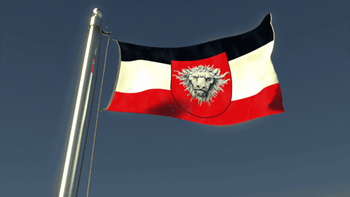 A Red White And Black Flag With A Lion On The Shield GIF