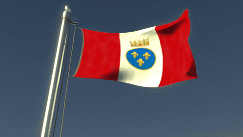 A Red White And Blue Flag With A Crown On It Is Flying In The Wind GIF