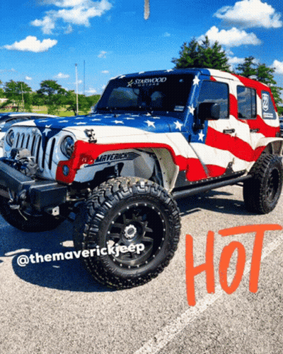A Red White And Blue Jeep That Says Maverick On The Side GIF