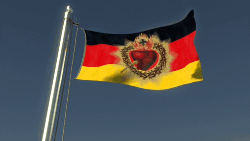 A Red Yellow And Black Flag With A Heart And Thorns On It GIF