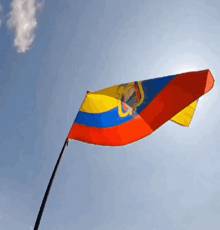 A Red Yellow And Blue Flag Is Flying In The Wind Against A Blue Sky GIF
