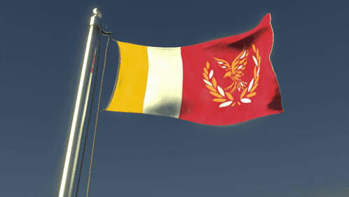 A Red Yellow And White Flag With A Bird On It GIF