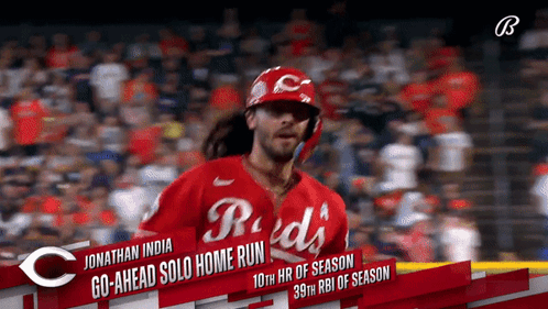 A Reds Baseball Player Named Jonathan India Runs Towards Home Plate GIF