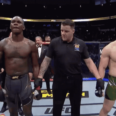 A Referee Holds The Hand Of A Fighter In A Ufc Match GIF
