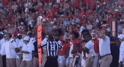 A Referee Is Standing In The Middle Of A Football Field Surrounded By Players And Coaches During A Game . GIF