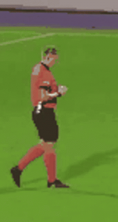 A Referee Is Walking On A Soccer Field Holding A Red Card . GIF