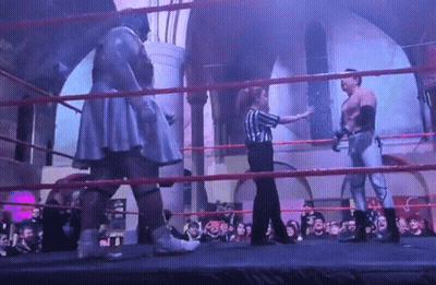 A Referee Stands In A Ring With Two Wrestlers GIF