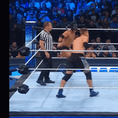 A Referee Stands In A Wrestling Ring Watching Two Wrestlers Fighting GIF