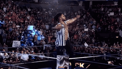 A Referee Stands In Front Of A Crowd With A Sign That Says Whos That Trash GIF