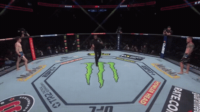 A Referee Stands In The Middle Of A Ufc Ring With Monster Energy On The Floor GIF