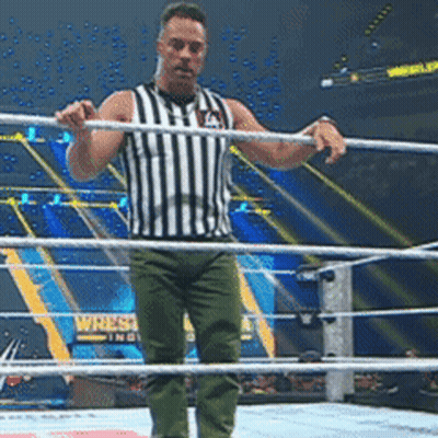 A Referee Stands In The Middle Of A Wrestling Ring With A Wrestlemania Sign In The Background GIF