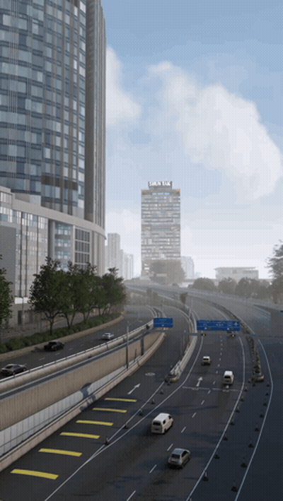 A Rendering Of A Highway With A Building In The Background That Says ' United Airlines ' GIF