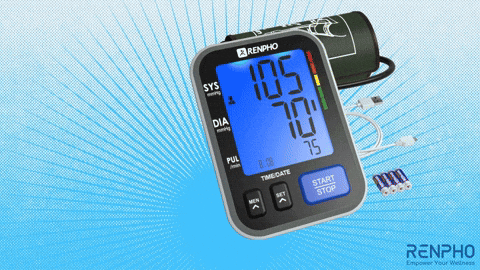 A Renpho Brand Blood Pressure Monitor Displays A Reading Of 105 Over 70 GIF