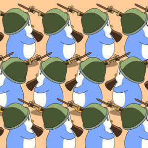 A Repeating Pattern Of Penguins Wearing Military Hats And Holding Guns GIF