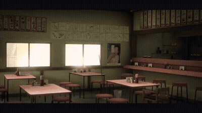 A Restaurant With Tables And Chairs And A Sign On The Wall That Says ' A ' GIF