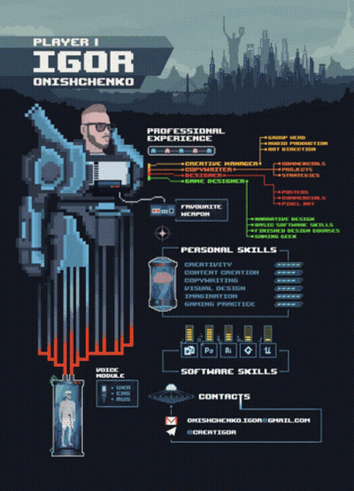 A Resume For Player Igor Onishchenko Is Displayed In A Pixel Art Style GIF